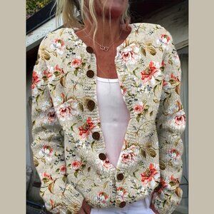 Rose Vine Casual Button-Up Knitted Cardigan Sweater Size XL
